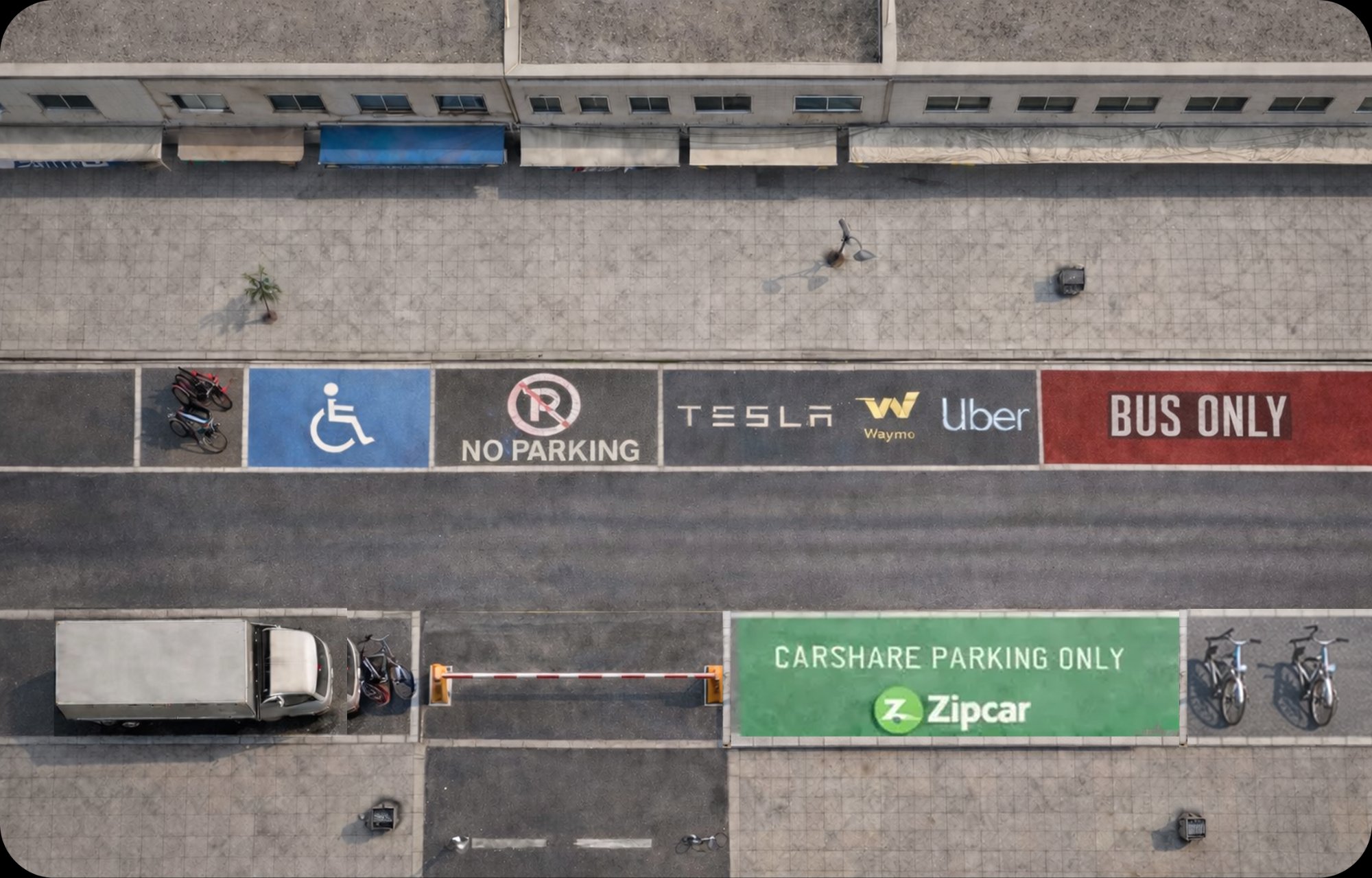 Overhead view of a city curb with every parking use type